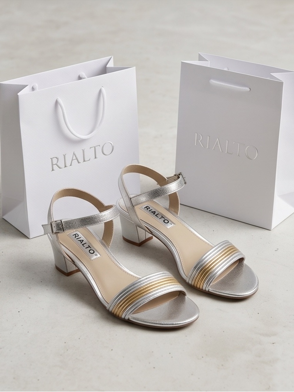 Rialto Silver and Gold Strappy Ankle Sandals